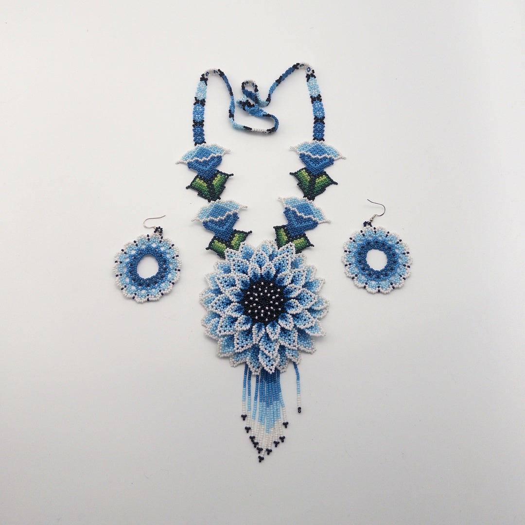 Juego Collar Y Aretes Florales - Arte Huichol Wixárika