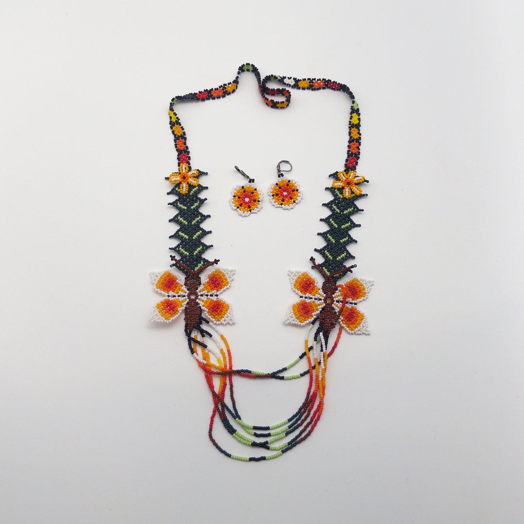 Juego Collar Y Aretes Wixarika - Arte Huichol Wixárika